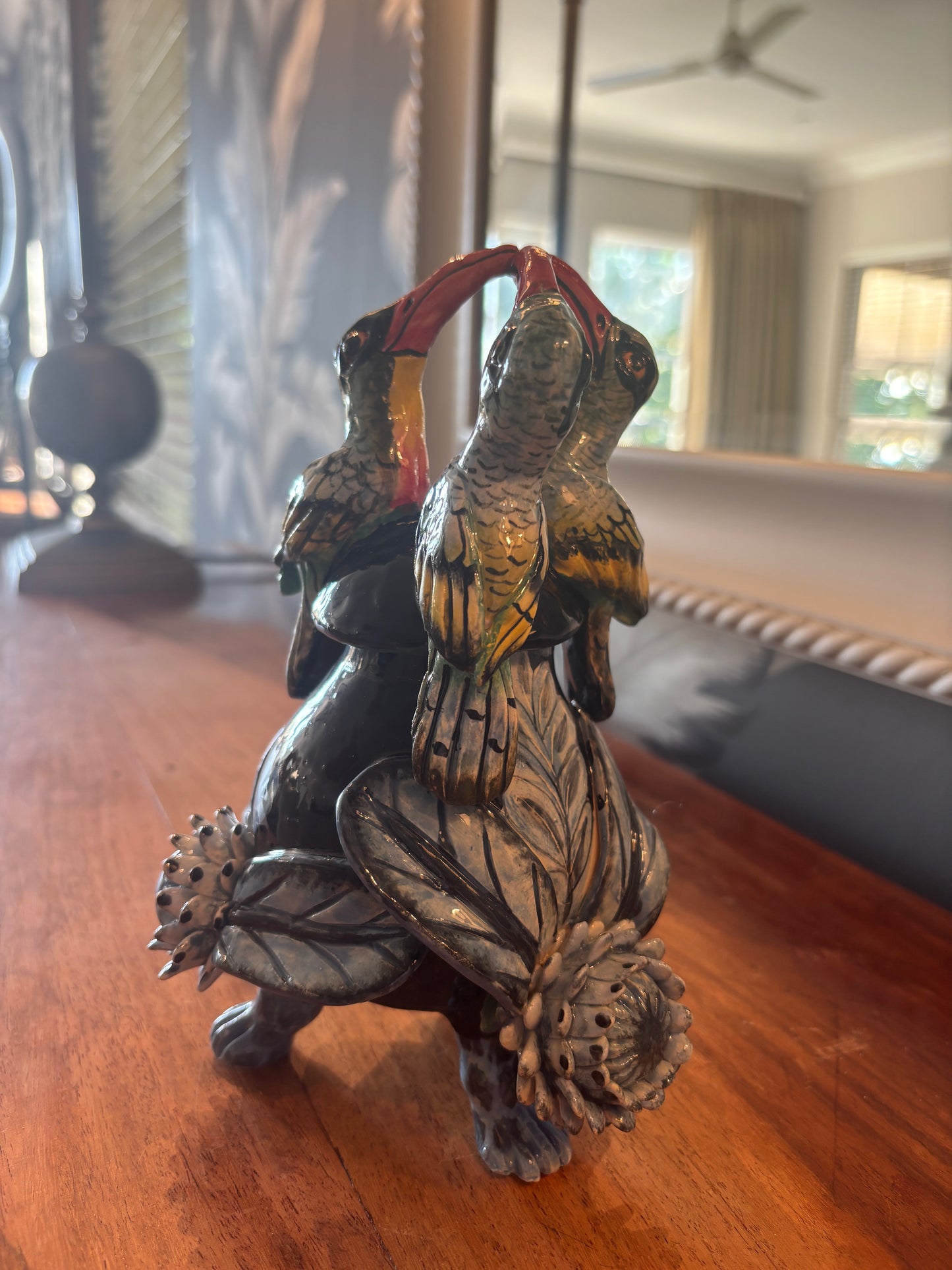 Lidded pot - sculpted birds and foliage