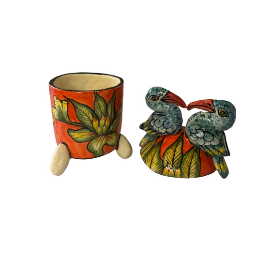 Handcrafted ceramic trinket box is crowned by a charming pair of birds sitting beak-to-beak, creating a wonderfully playful and affectionate centre piece.
