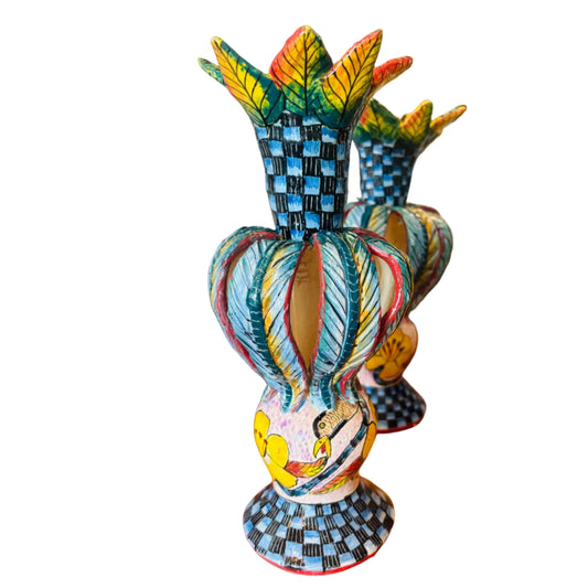 Colourful ceramic art candle stick holders. Collectable. 