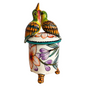 A hand-painted ceramic lidded container with two small colorful birds perched on top. The cylindrical body is cream-colored with purple flowers, green leaves, and orange accents, while the birds add vibrant green, orange, yellow, and pink details.