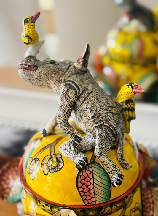Rhino and bird lidded vessel